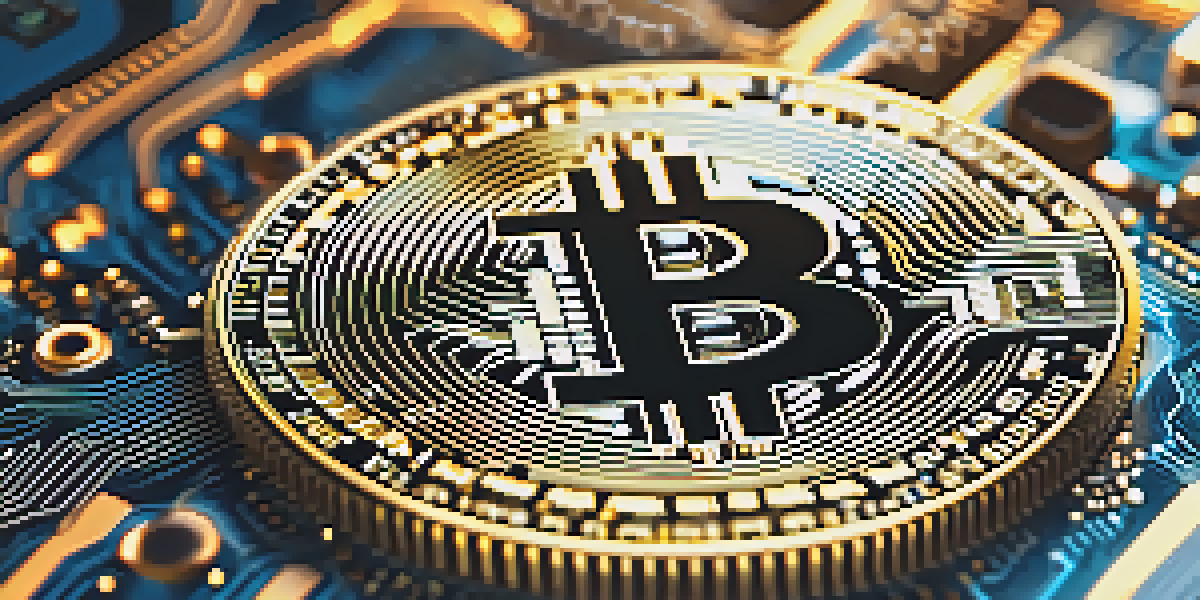 A close-up of a Bitcoin coin on a digital circuit board, illuminated with blue and gold light.
