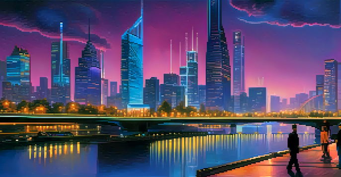 A vibrant city skyline at dusk, with skyscrapers and a glowing river, and people walking on a bridge.