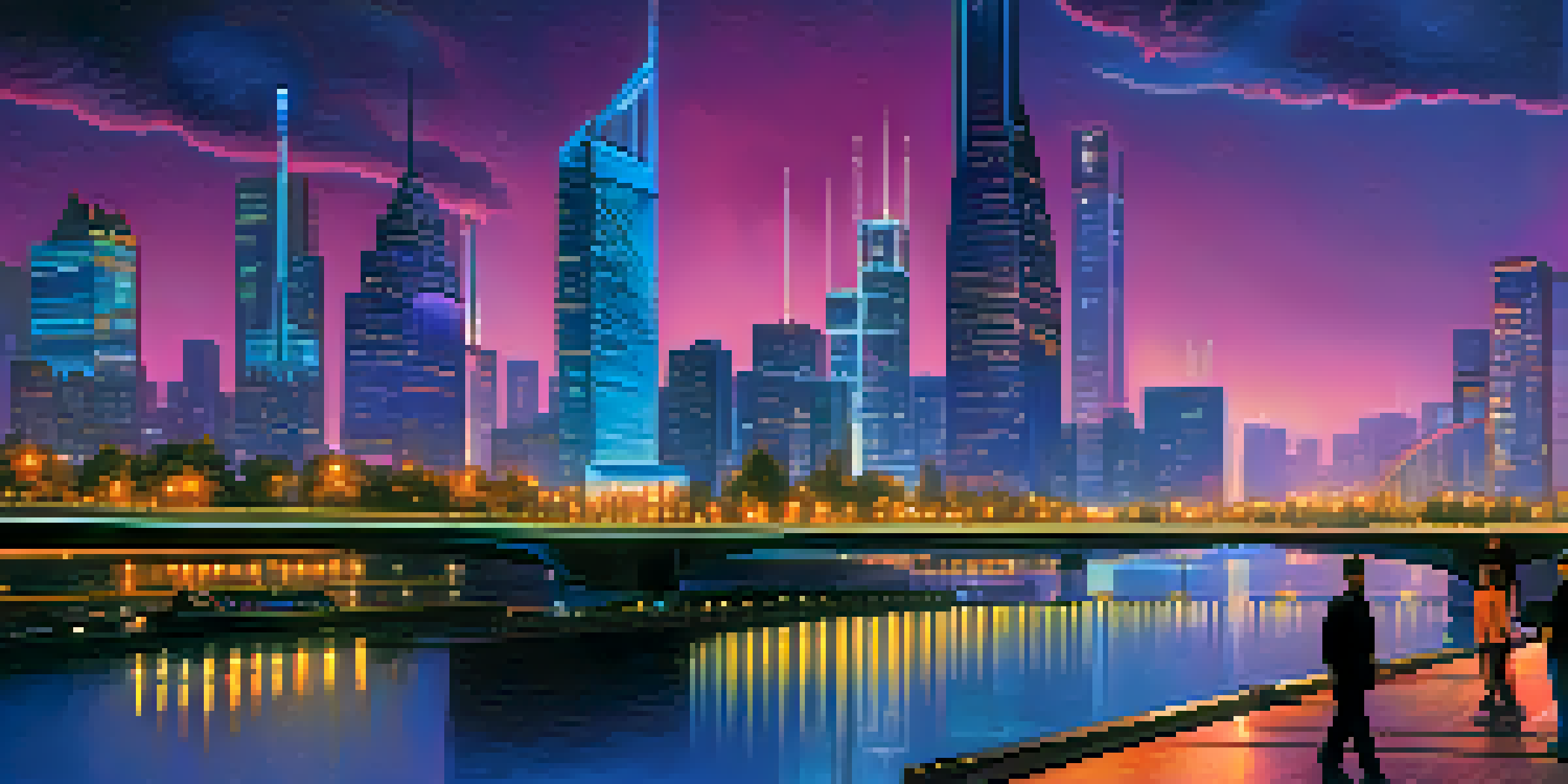 A vibrant city skyline at dusk, with skyscrapers and a glowing river, and people walking on a bridge.