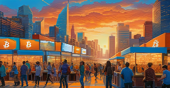 A lively urban marketplace with people engaging in Bitcoin transactions using electronic devices, colorful digital screens, and a sunset skyline.
