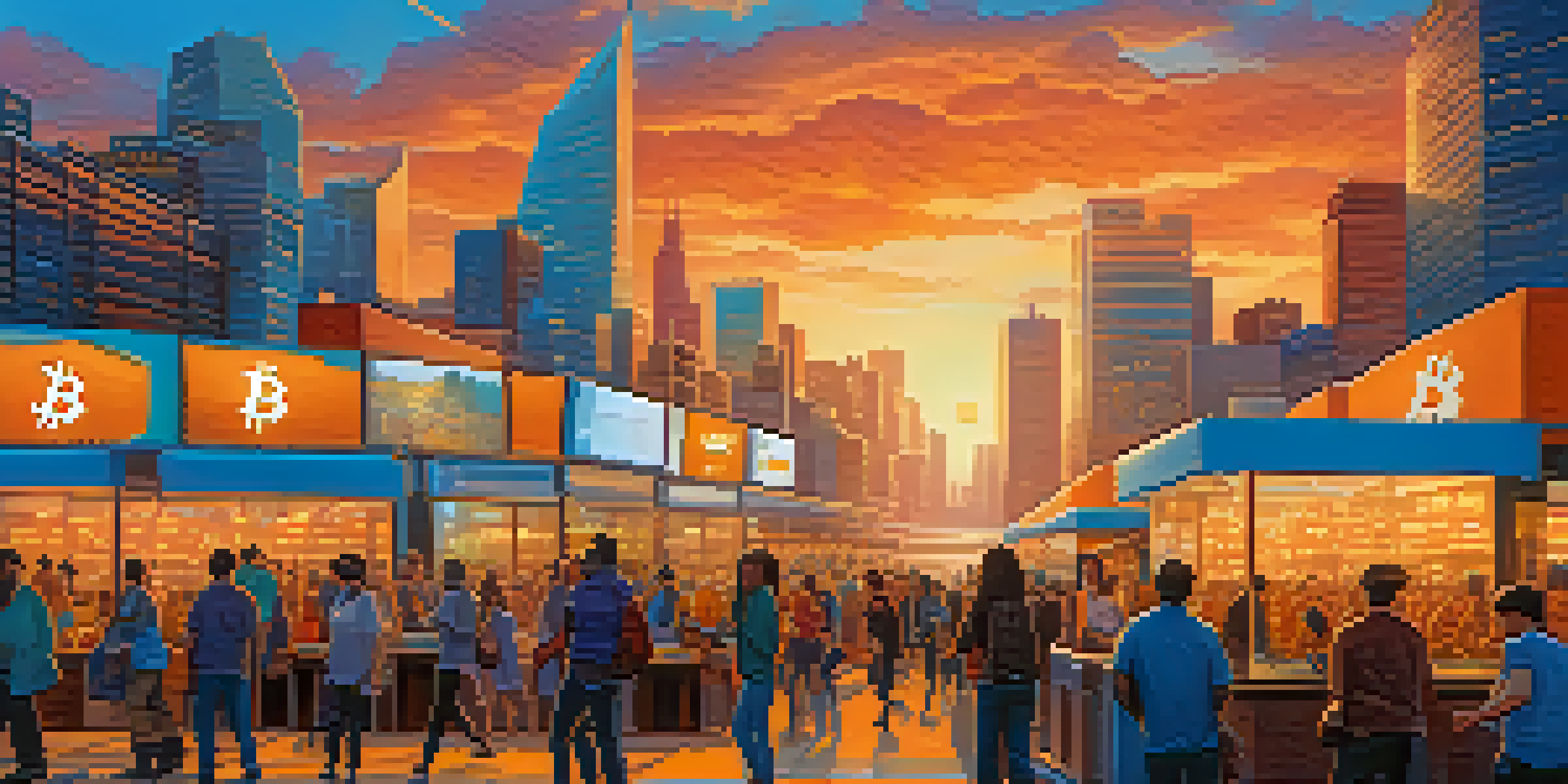 A lively urban marketplace with people engaging in Bitcoin transactions using electronic devices, colorful digital screens, and a sunset skyline.