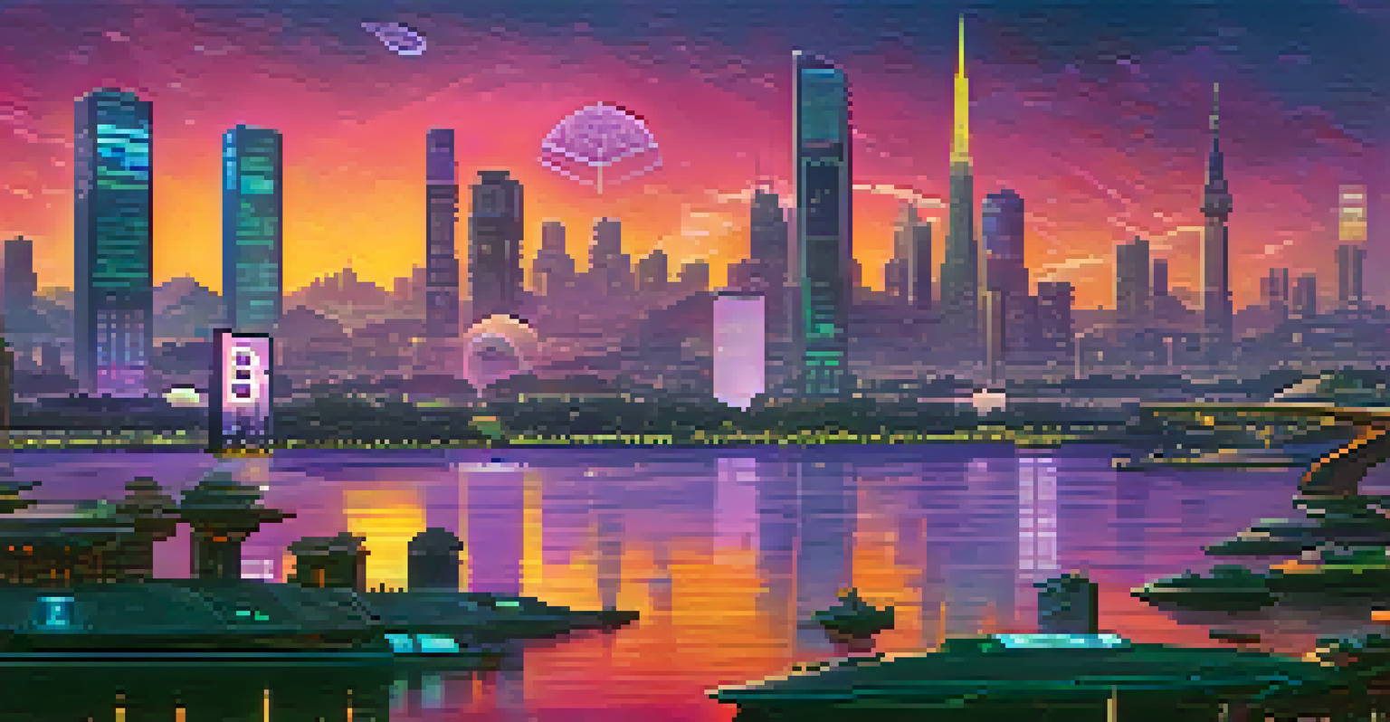 A futuristic city skyline at dusk with digital screens showing cryptocurrency symbols, set against a colorful sky.