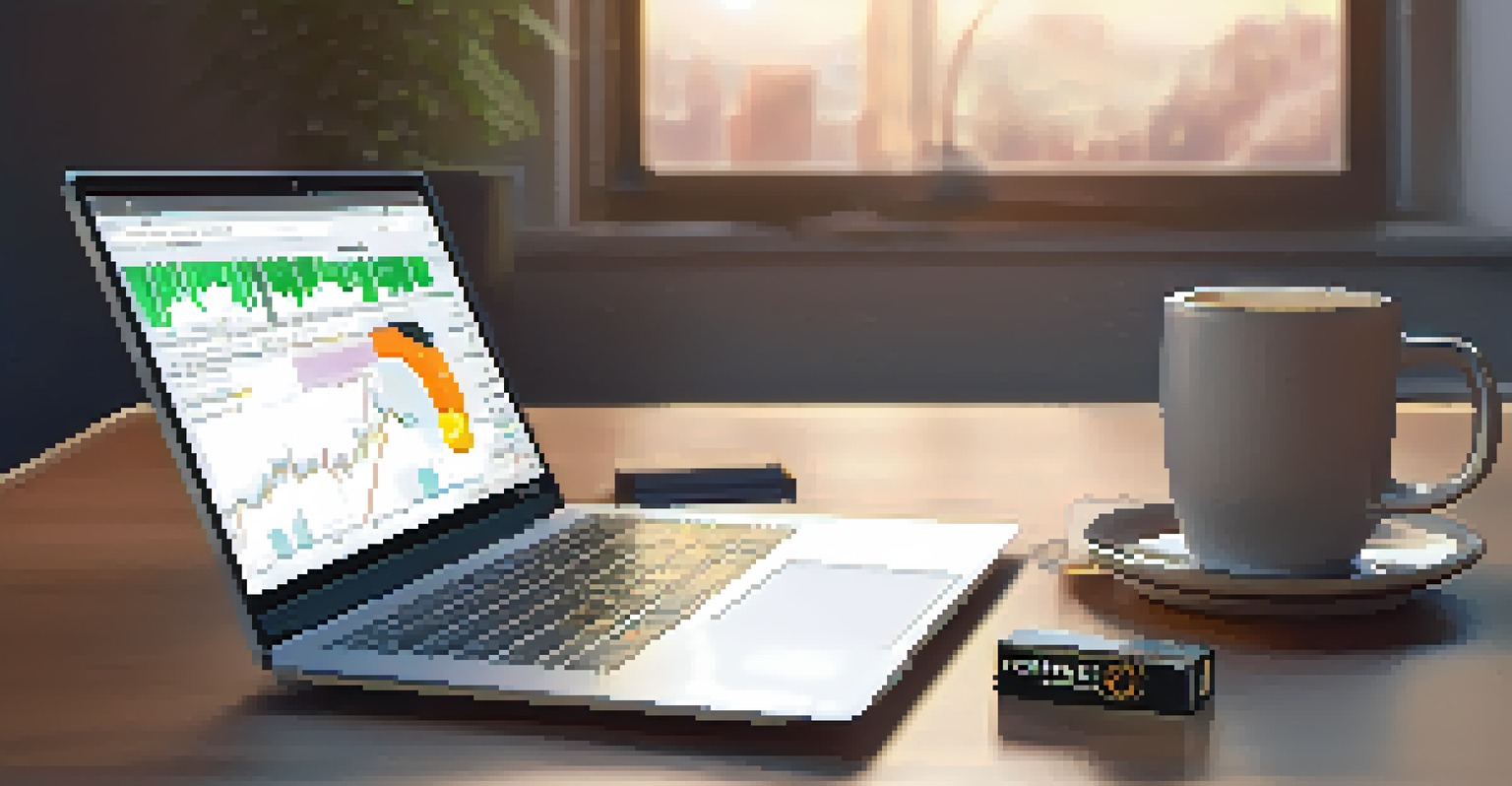 A minimalist workspace with a hardware wallet, a laptop showing cryptocurrency graphs, and a cup of coffee, all bathed in warm ambient light.
