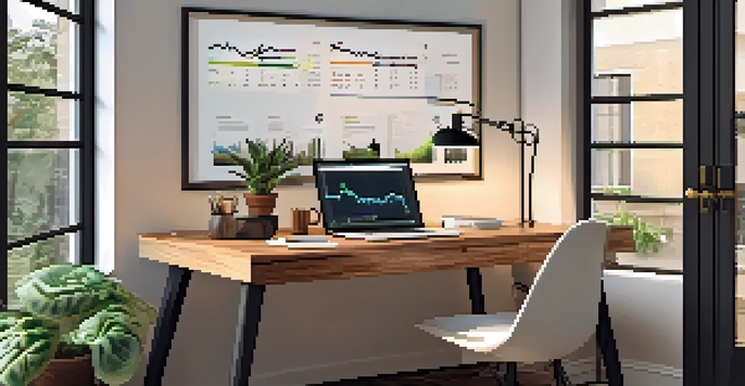 A modern home office featuring a desk with a laptop showing a Bitcoin chart, a cup of coffee, and potted plants, all bathed in natural light.