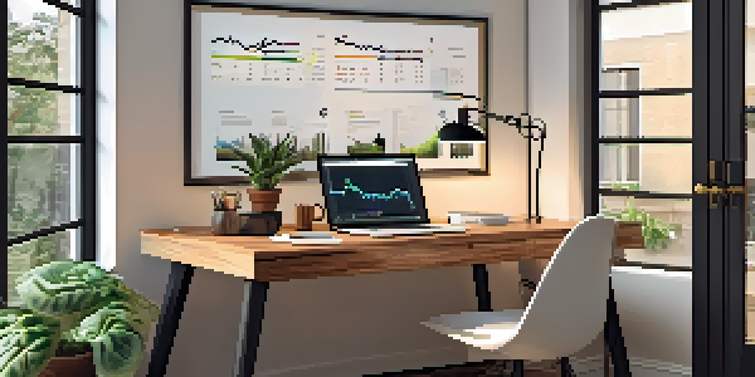 A modern home office featuring a desk with a laptop showing a Bitcoin chart, a cup of coffee, and potted plants, all bathed in natural light.