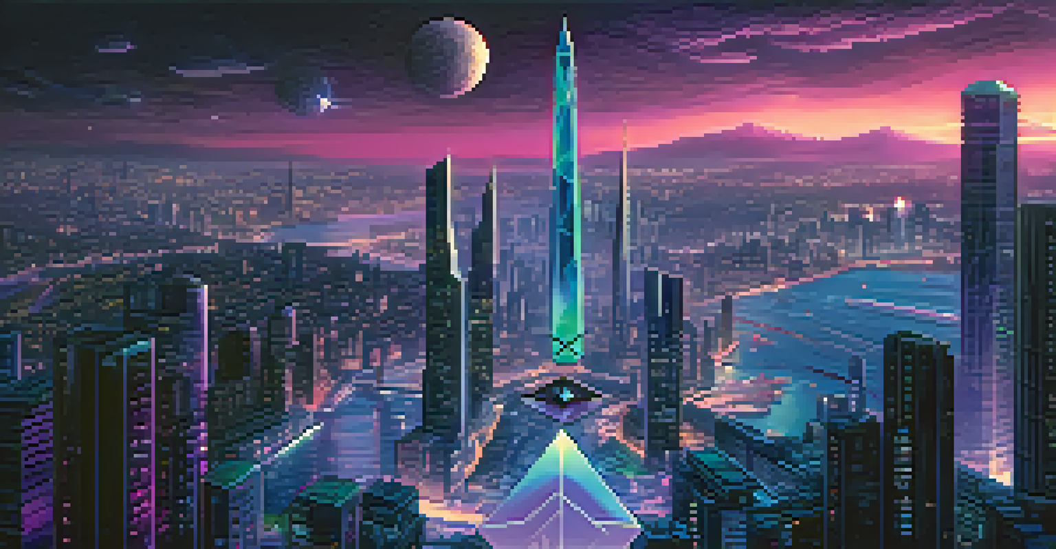 The Ethereum logo in a futuristic cityscape at night, surrounded by glowing buildings.