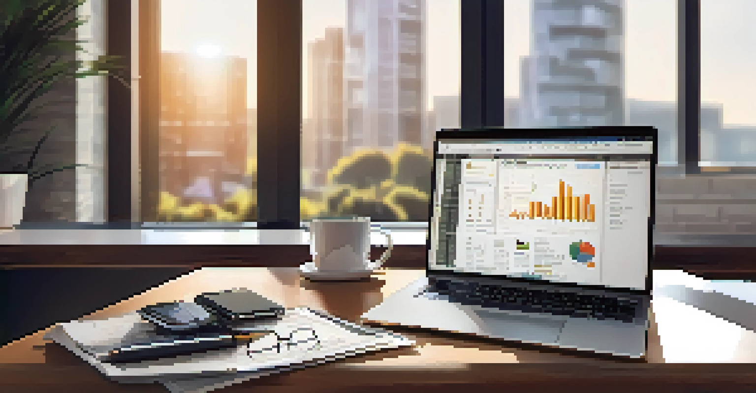 A modern workspace with a laptop showing Bitcoin charts, financial documents, a coffee cup, and a smartphone.