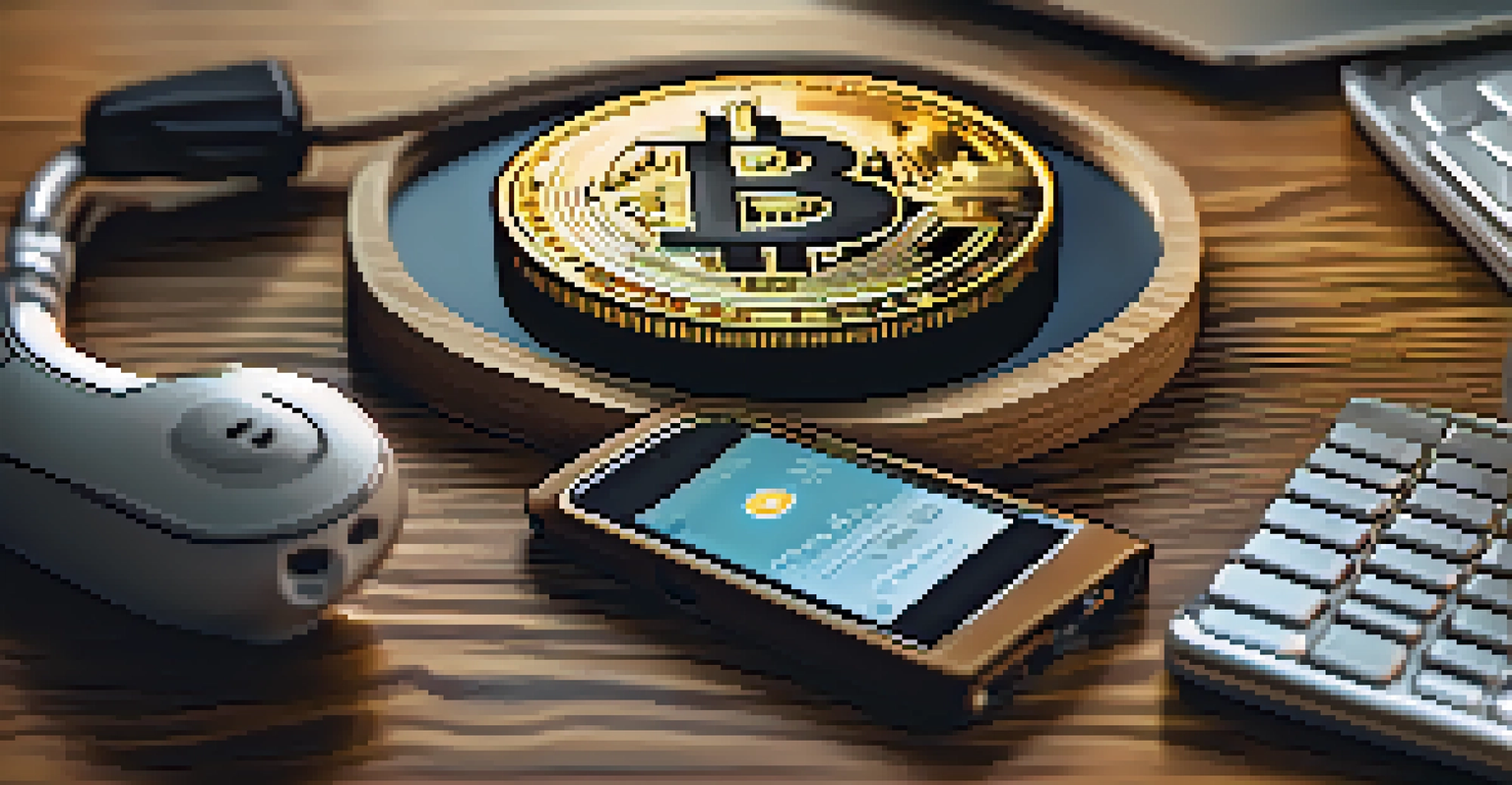 A close-up of a physical Bitcoin on a wooden table, with a smartphone and laptop nearby, illuminated by soft natural light.