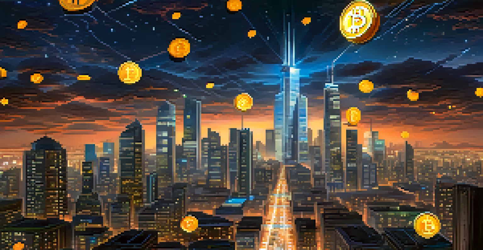 A futuristic city skyline at night with skyscrapers displaying Bitcoin logos and a starry sky.