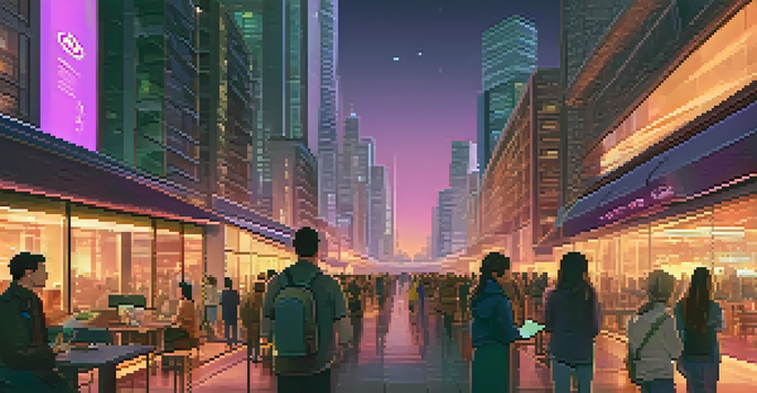 A vibrant city skyline at dusk with traditional and modern buildings, people using digital devices, and colorful lights.