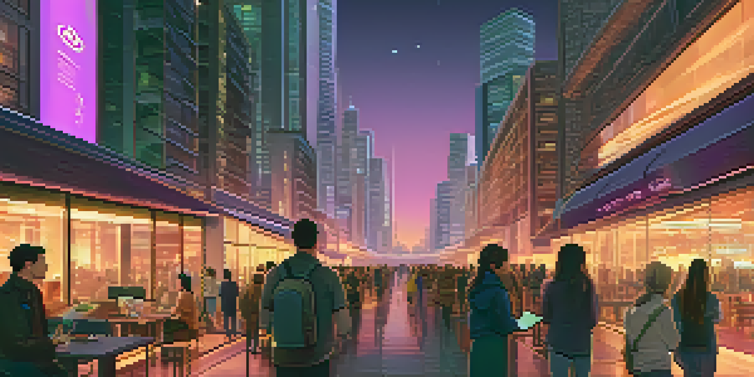 A vibrant city skyline at dusk with traditional and modern buildings, people using digital devices, and colorful lights.
