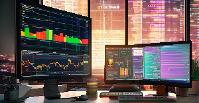 A trader using a computer in a modern office to interact with a decentralized exchange interface showing cryptocurrency trading charts.