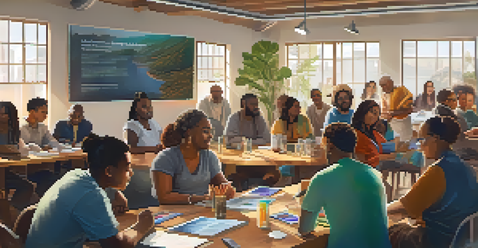 A diverse group of people gathered in a bright workshop, discussing Bitcoin and social enterprises with laptops and educational materials on the table.