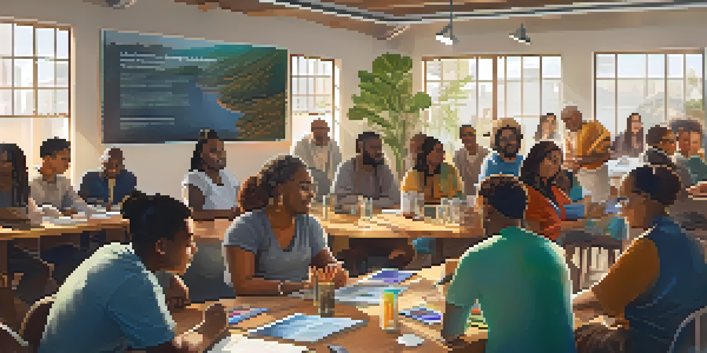 A diverse group of people gathered in a bright workshop, discussing Bitcoin and social enterprises with laptops and educational materials on the table.