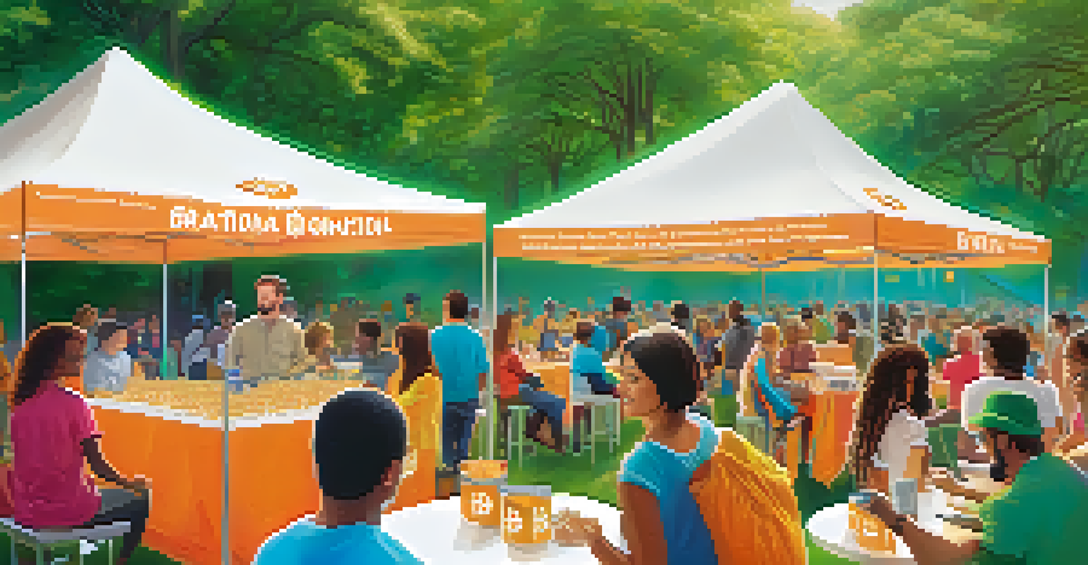 A charity event with people discussing Bitcoin donations, surrounded by banners and greenery.
