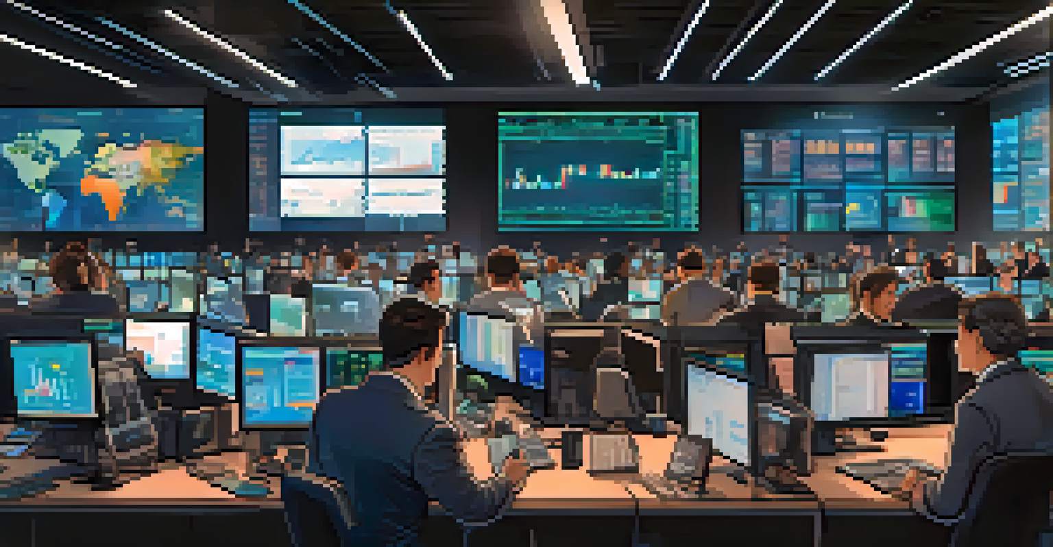 A cryptocurrency trading floor filled with diverse traders focused on bright screens with trading data.
