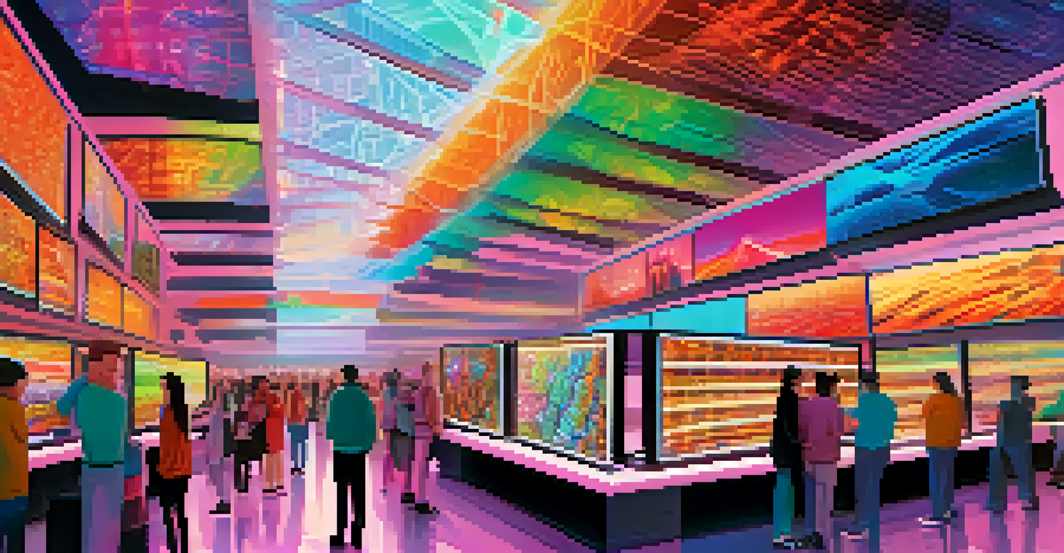 A vibrant NFT marketplace with digital artworks displayed on holographic screens and diverse collectors.