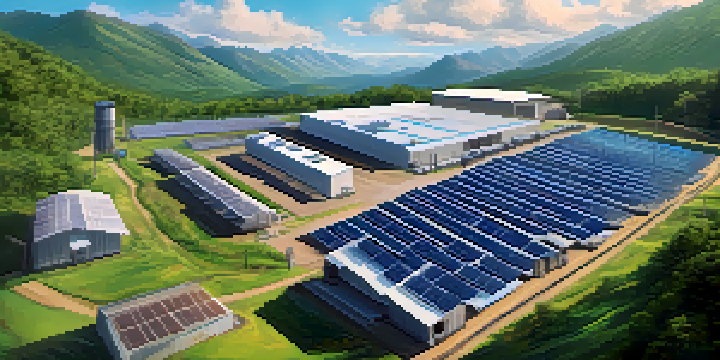 A wide view of a Bitcoin mining facility in a mountainous region, showcasing advanced mining equipment and solar panels under a clear blue sky.