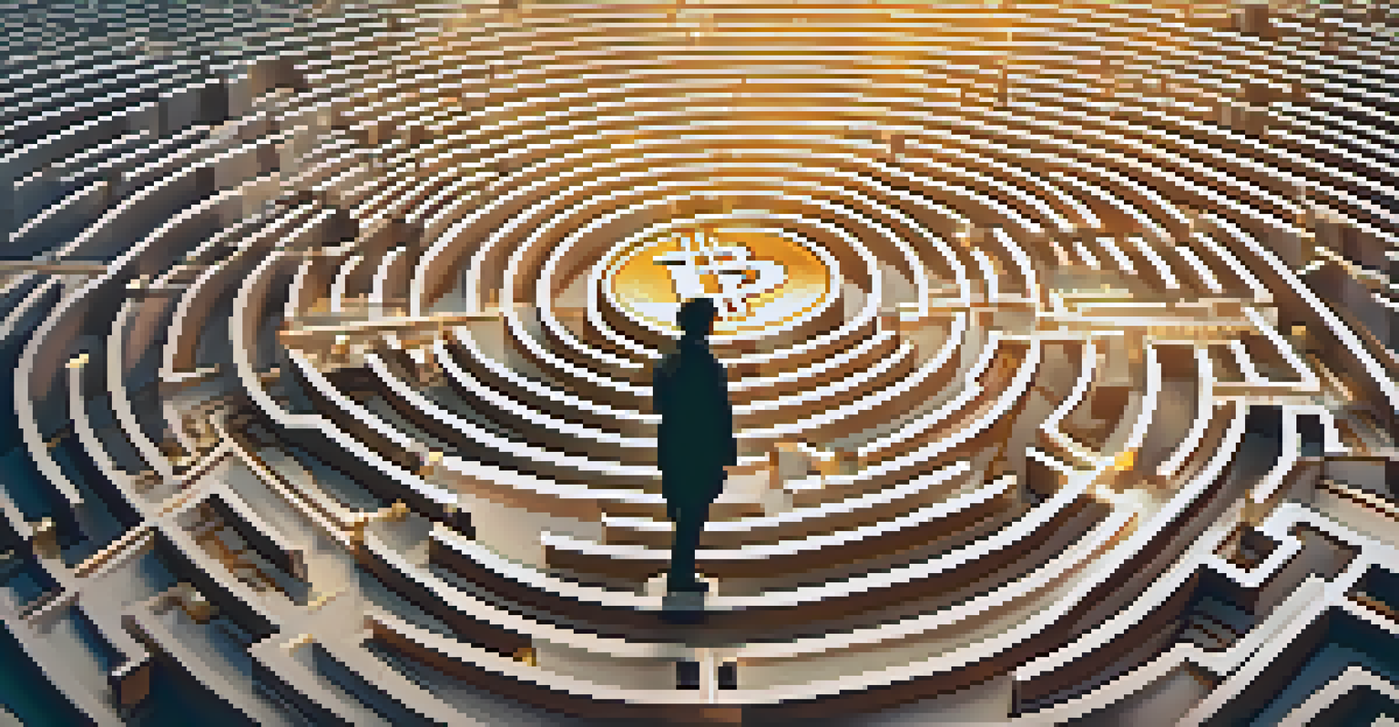A person navigating a maze of digital currency symbols, holding a smartphone with a Bitcoin wallet app.