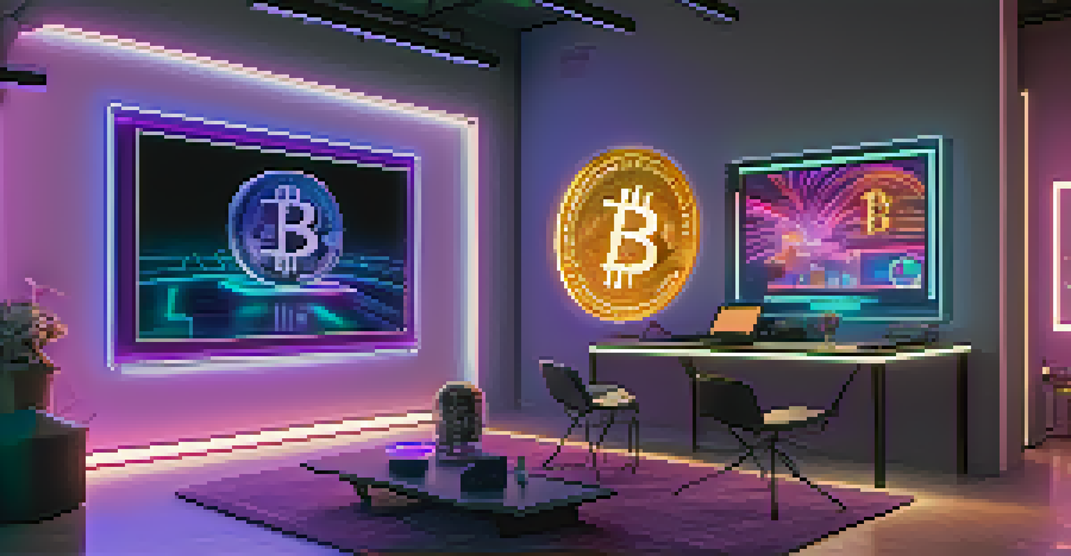 A futuristic art studio scene featuring a Bitcoin transaction and a holographic display of art and cryptocurrency, illuminated by neon lights.