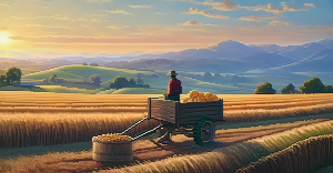A farmer in a rural landscape using a smartphone to receive Bitcoin payments, with a sunset in the background and fresh produce around.
