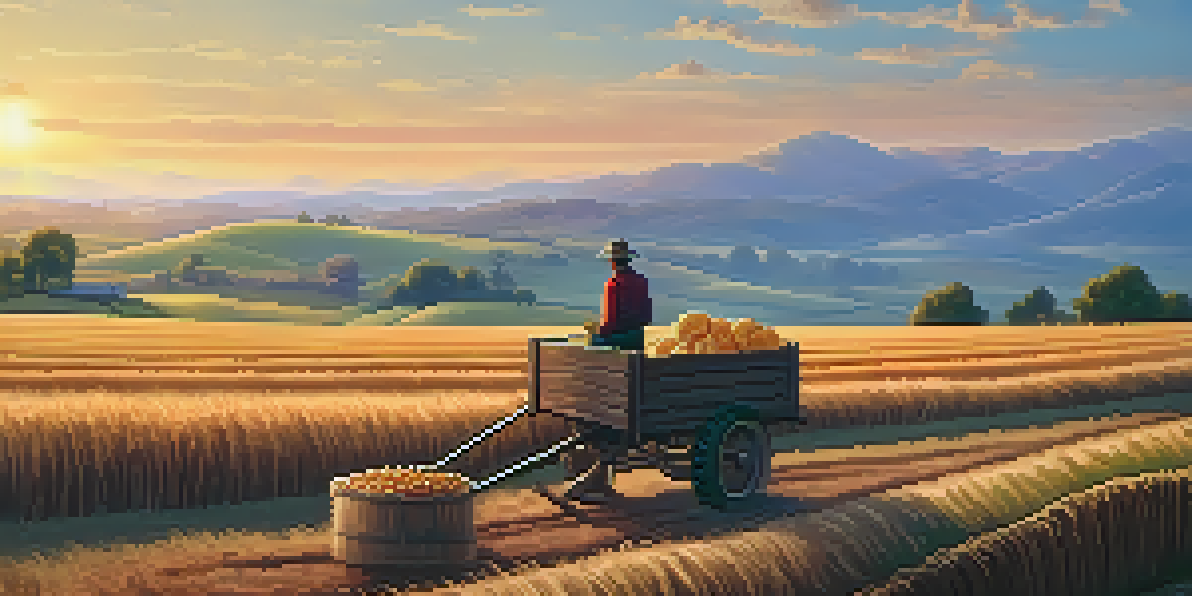 A farmer in a rural landscape using a smartphone to receive Bitcoin payments, with a sunset in the background and fresh produce around.