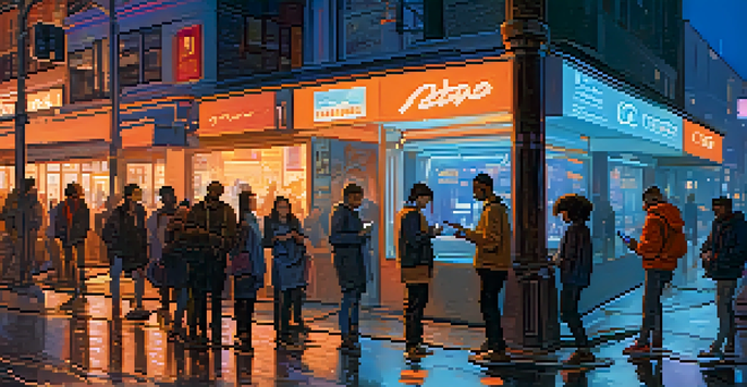 A vibrant city street during dusk, with neon lights and people using digital devices.