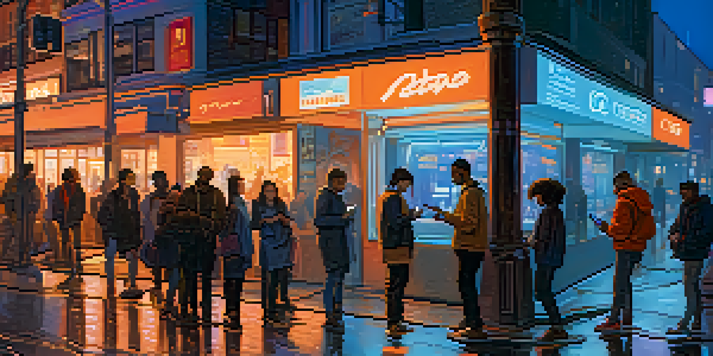 A vibrant city street during dusk, with neon lights and people using digital devices.