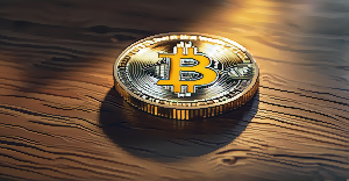 A close-up view of a Bitcoin on a wooden table, with soft lighting and blurred financial charts in the background.