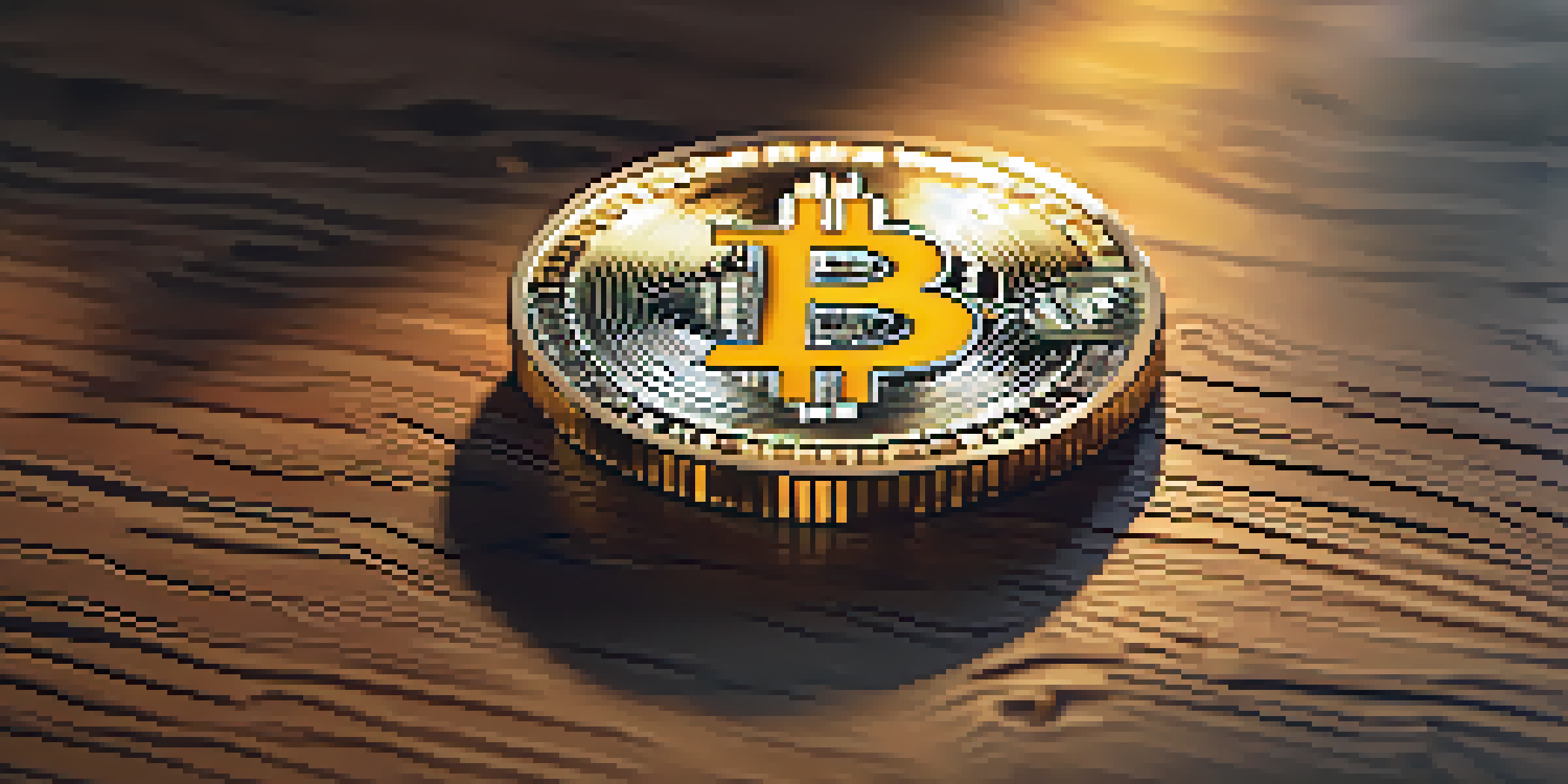 A close-up view of a Bitcoin on a wooden table, with soft lighting and blurred financial charts in the background.