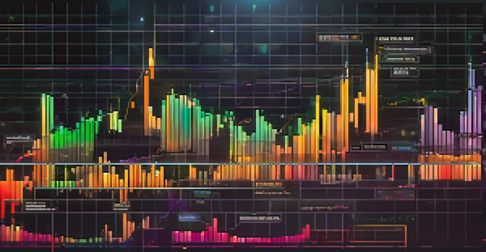 A candlestick chart illustrating Bitcoin price movements with bright colors on a dark trading platform background.