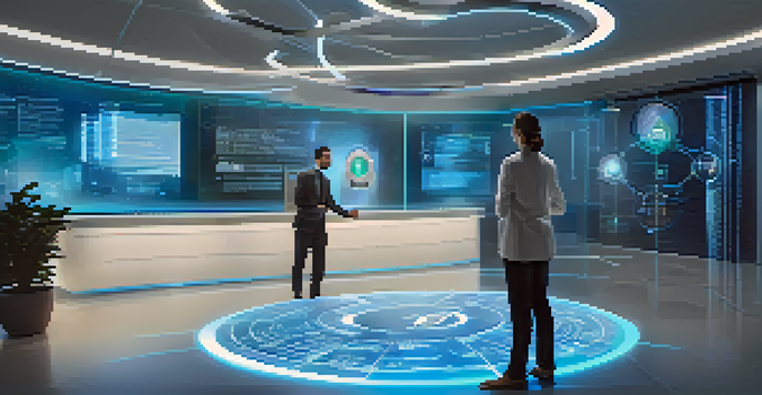 A person interacting with a holographic interface displaying identity verification elements, set in a modern office.