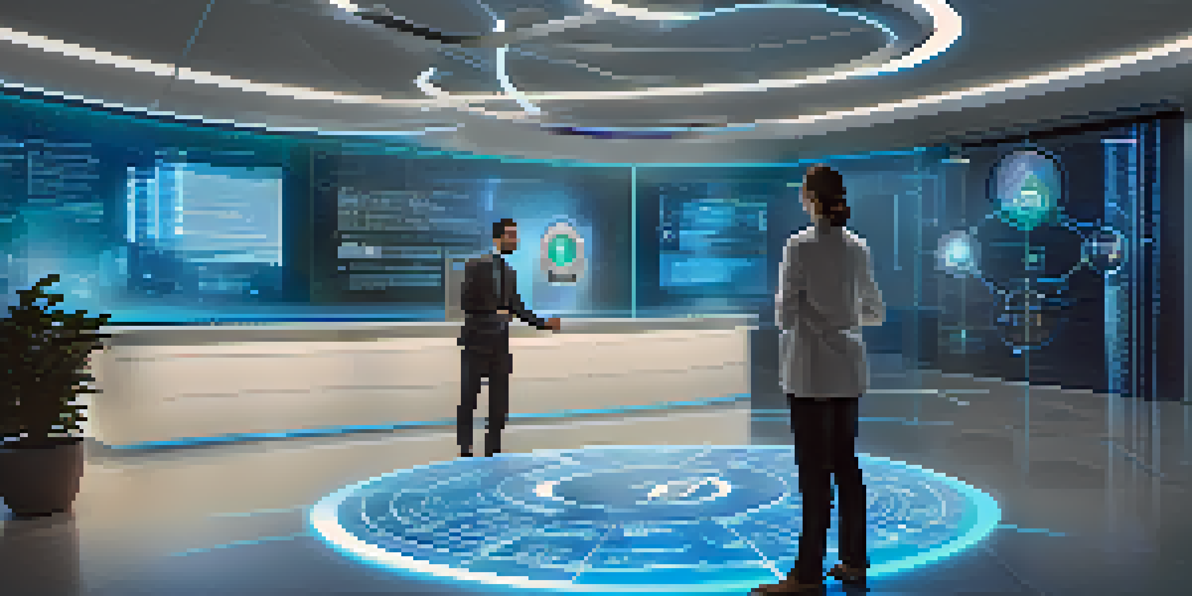 A person interacting with a holographic interface displaying identity verification elements, set in a modern office.