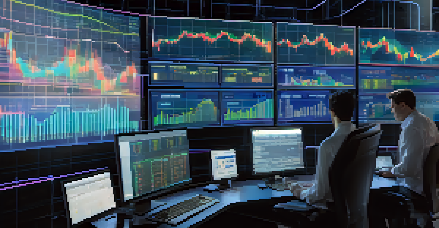 A close-up of a digital interface with an AI trading bot executing trades, surrounded by financial data and graphs.