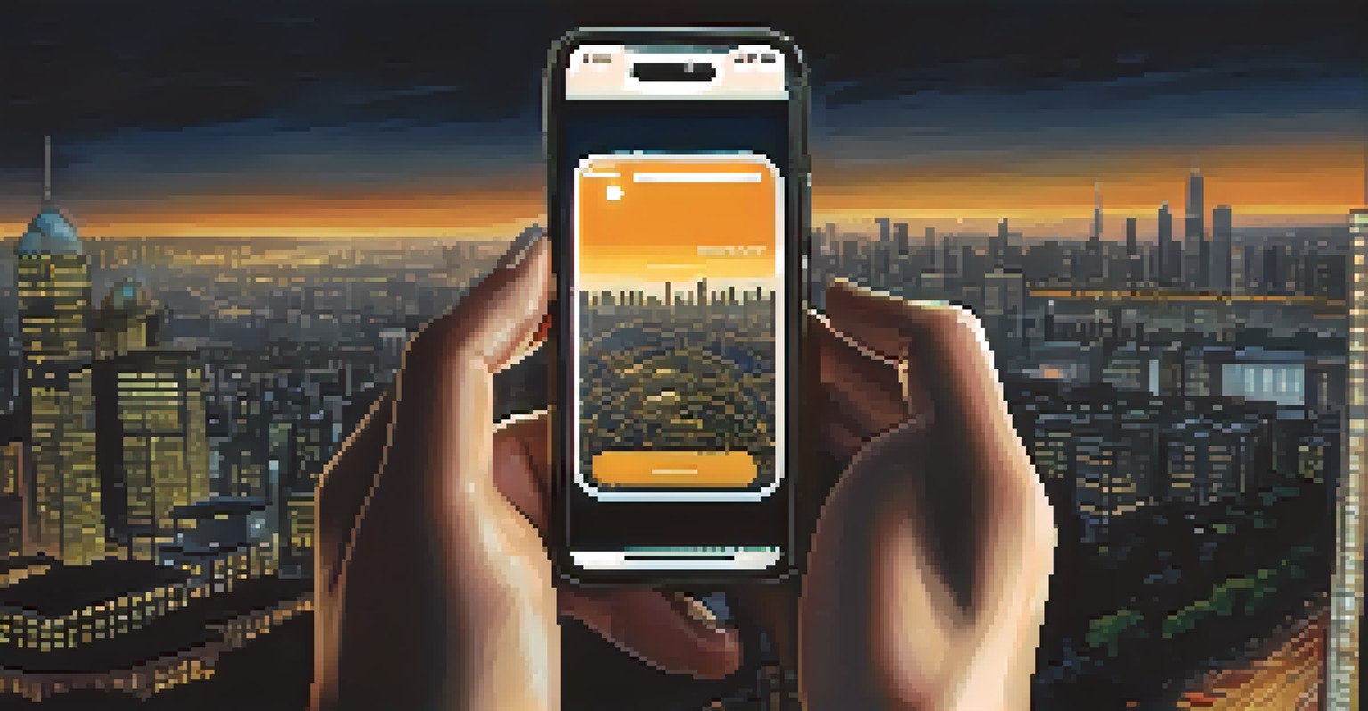 A close-up of hands holding a smartphone displaying a Bitcoin wallet app, set against a bustling urban backdrop.