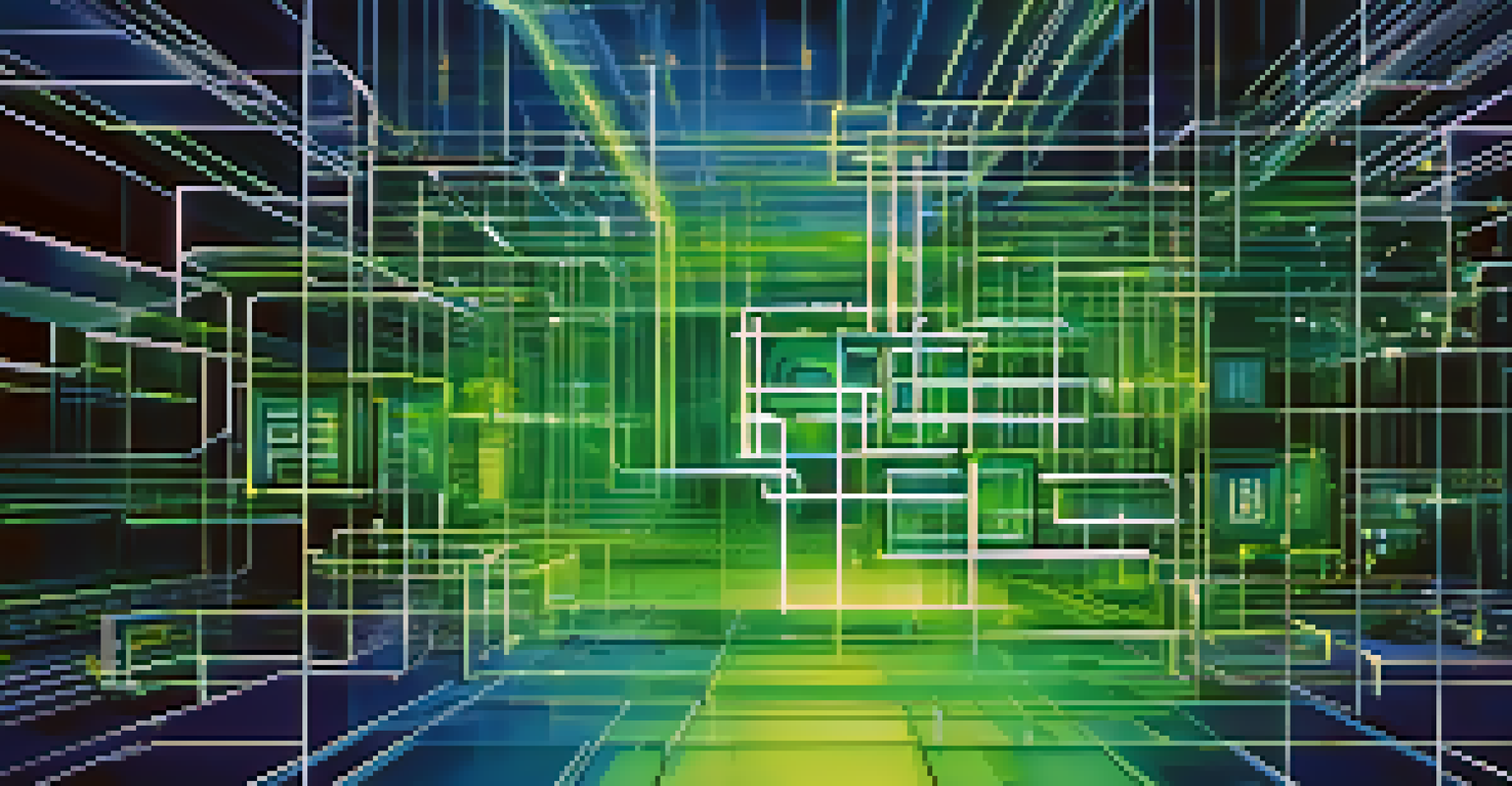 An abstract illustration of blockchain technology with interconnected blocks and glowing lines, symbolizing security and transparency.