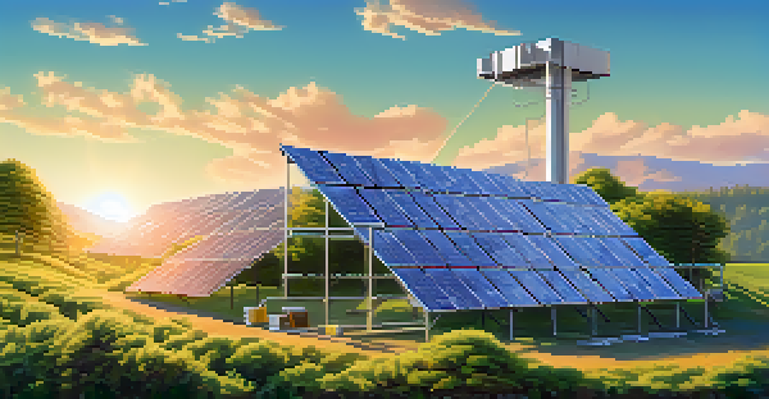 A Bitcoin mining farm with solar panels set in a lush green landscape under a clear blue sky.