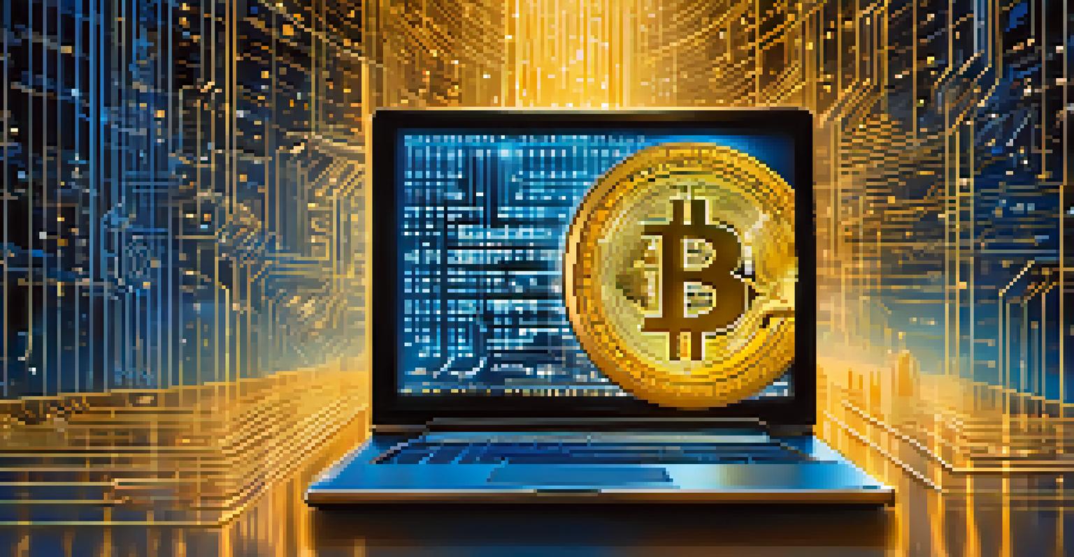 An abstract digital wallet interface with flowing binary code and Bitcoin symbols, set against a blue and gold gradient background.