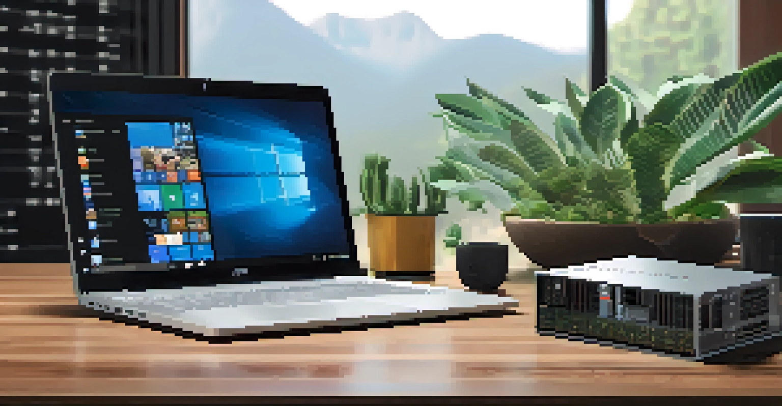 A close-up view of an ASIC miner on a desk with a laptop and a plant in the background.