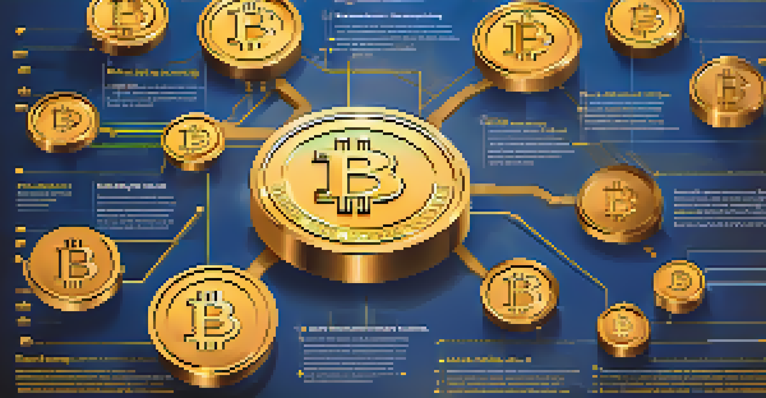 An infographic illustrating the benefits of Bitcoin for e-commerce, with icons representing fast transactions, low fees, and security on a blue and gold gradient background.