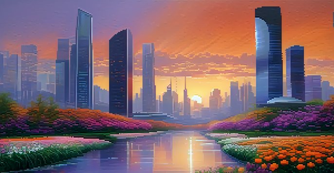 A futuristic city skyline at sunset with reflective skyscrapers and a peaceful river in the foreground.