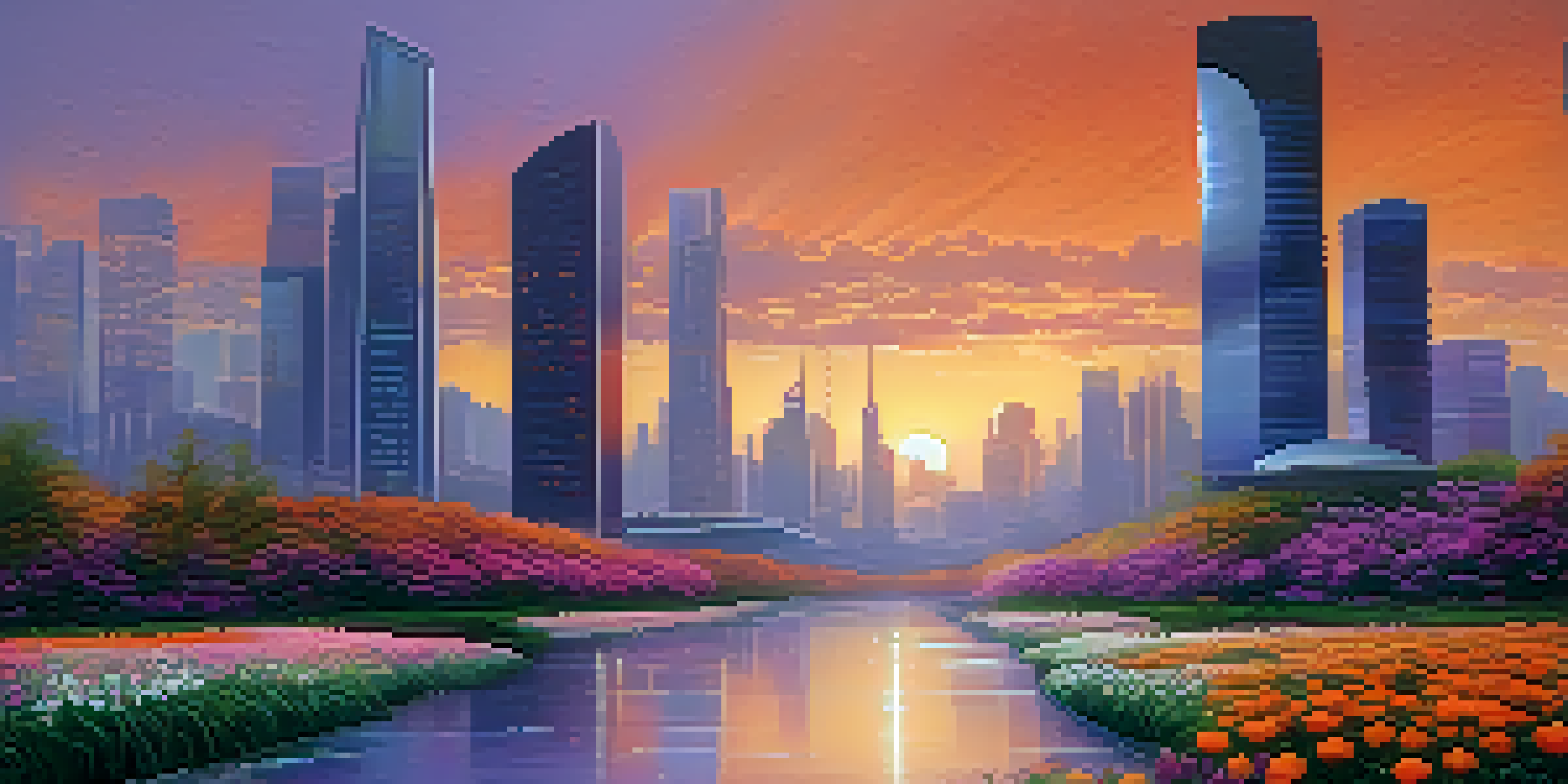 A futuristic city skyline at sunset with reflective skyscrapers and a peaceful river in the foreground.