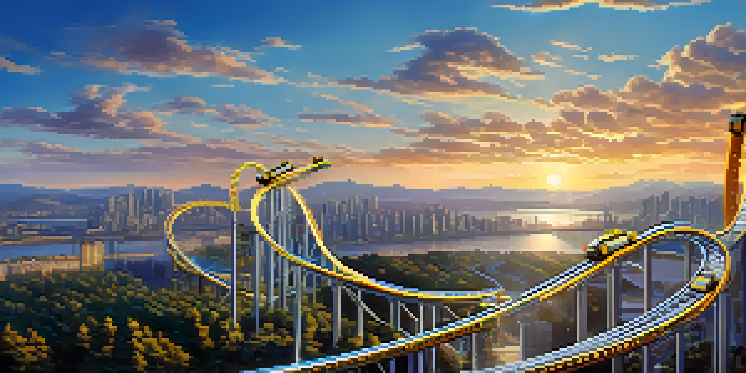 A landscape featuring a rollercoaster and a city skyline, symbolizing the volatility and excitement of Bitcoin investing.
