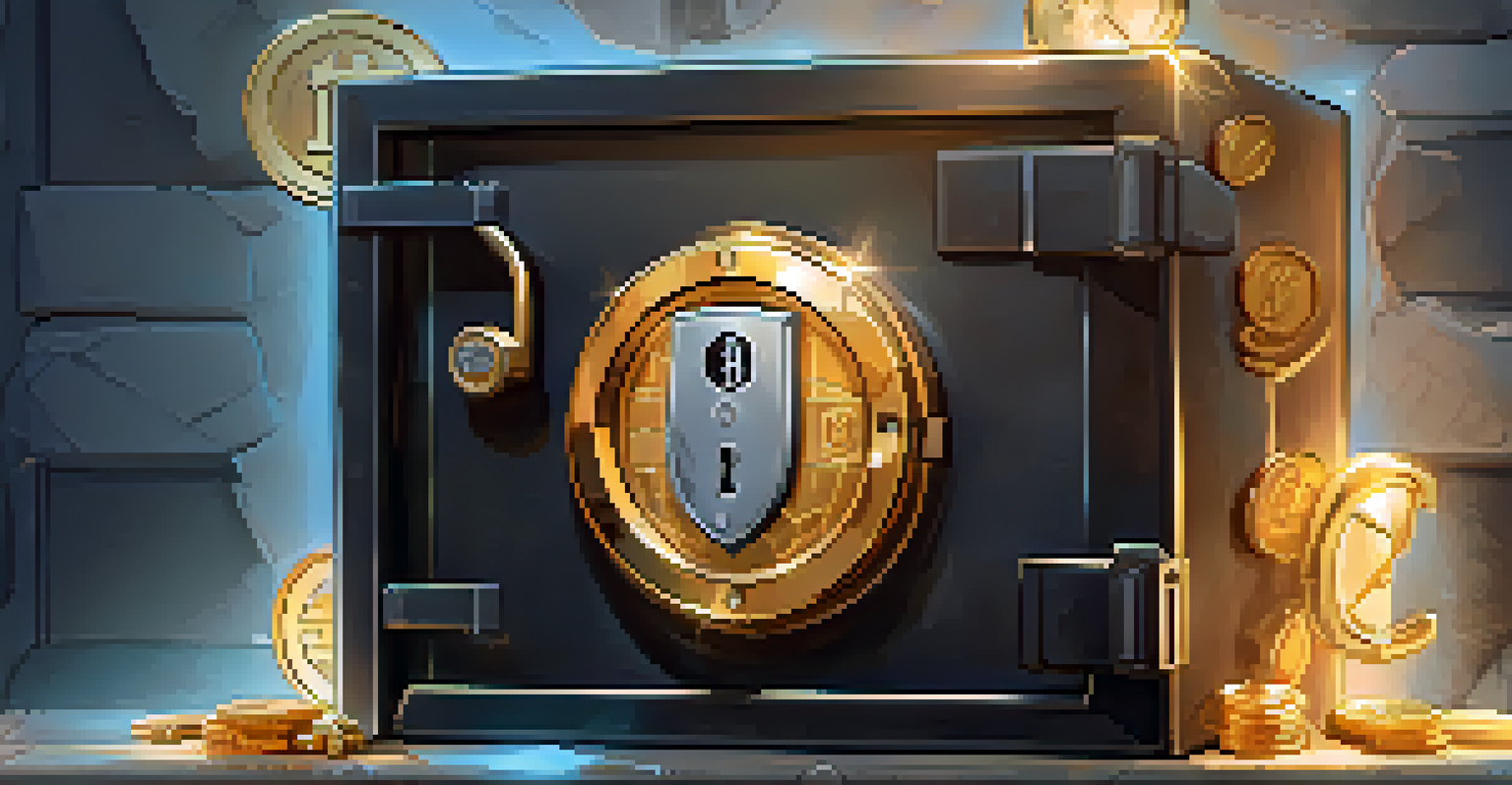 A locked safe with a glowing Bitcoin logo, surrounded by security tools on a marble surface.