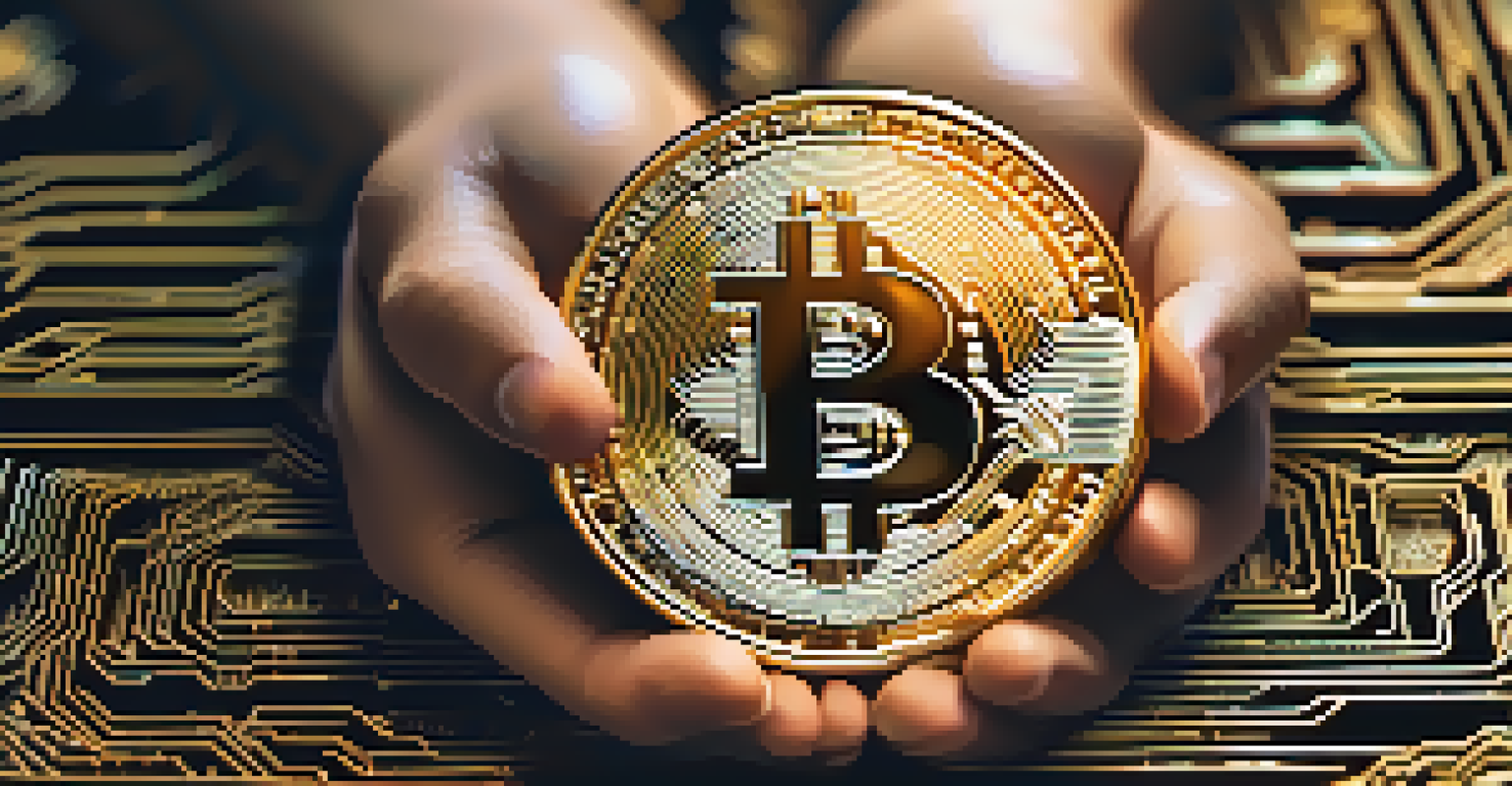 A close-up of hands holding a Bitcoin coin with a background of digital price charts.
