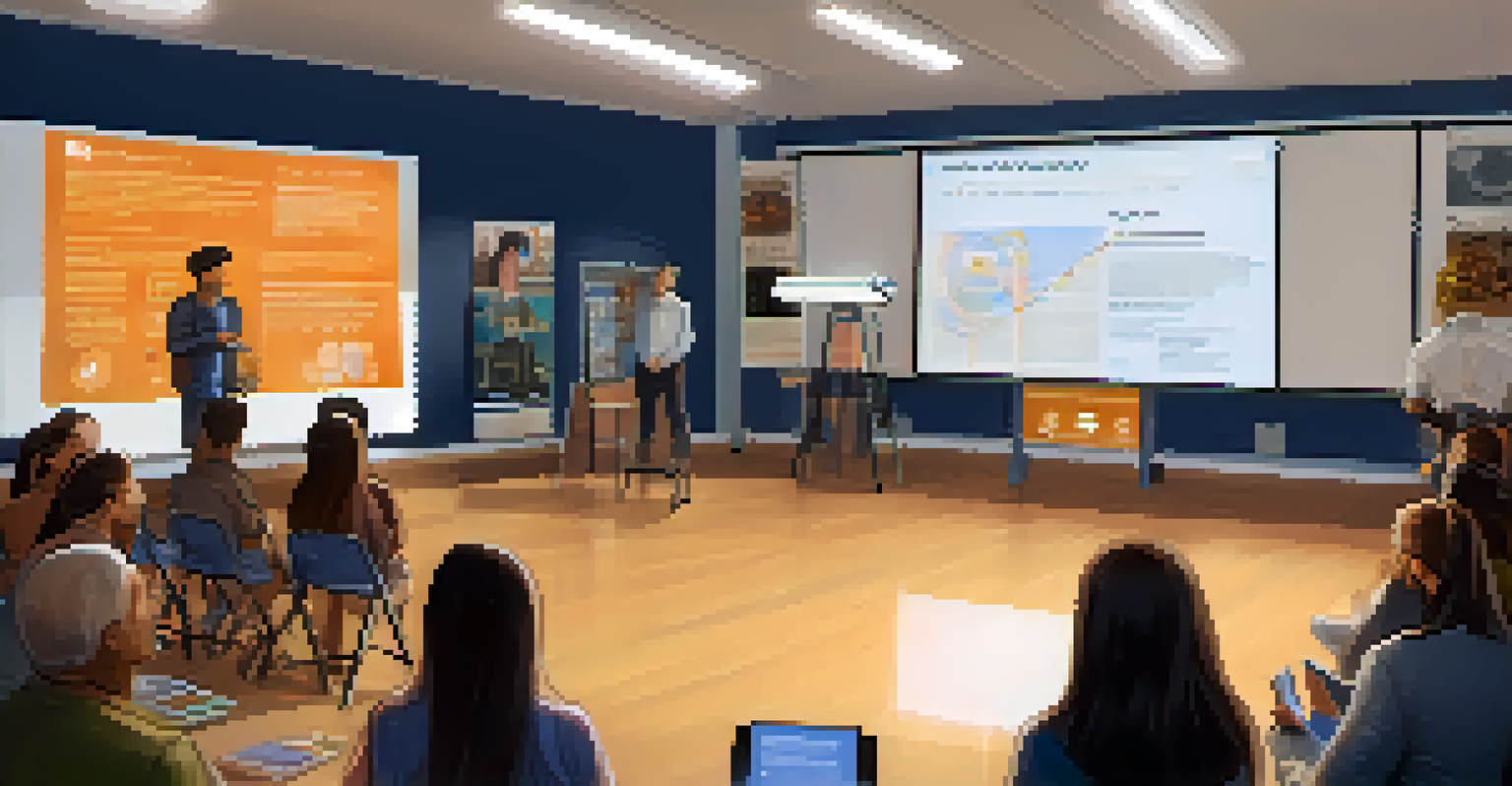 A diverse group of people attending a cryptocurrency workshop with a facilitator and a projector displaying Bitcoin information in a well-lit room.
