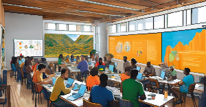 A community workshop where diverse individuals are learning about Bitcoin, with charts and digital devices in a well-lit room.