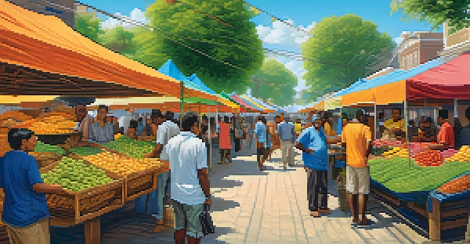 A lively marketplace with diverse people using mobile devices to exchange Bitcoin, surrounded by colorful stalls and greenery under a clear blue sky.