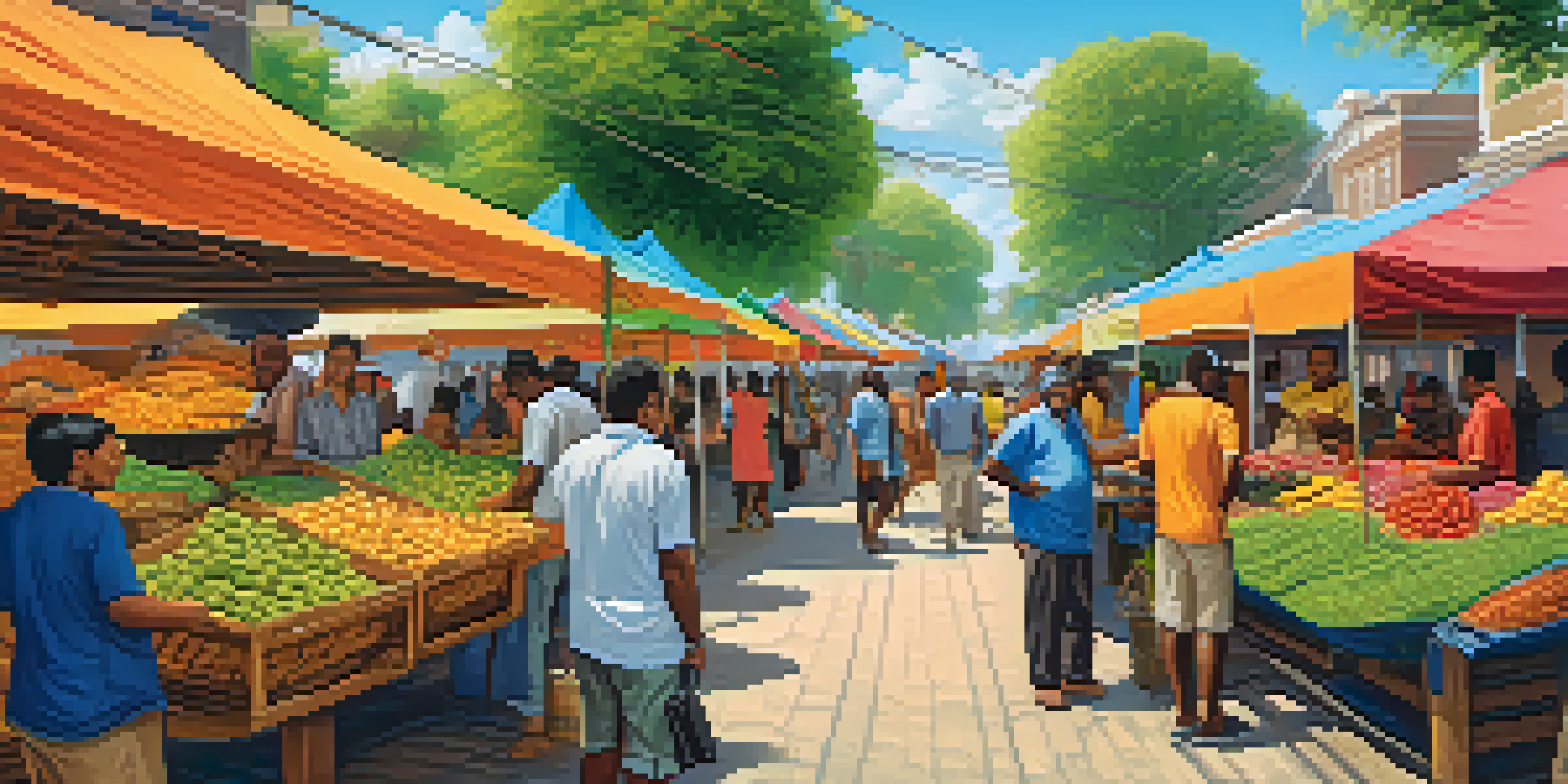 A lively marketplace with diverse people using mobile devices to exchange Bitcoin, surrounded by colorful stalls and greenery under a clear blue sky.