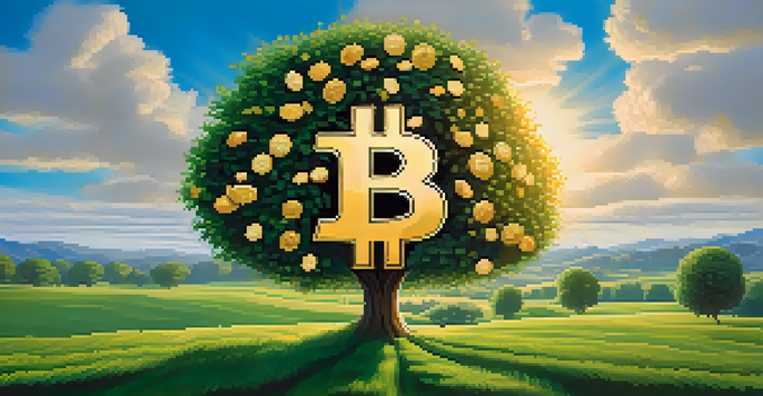 A picturesque scene featuring a Bitcoin tree in a green field with golden coins hanging from its branches, under a blue sky.